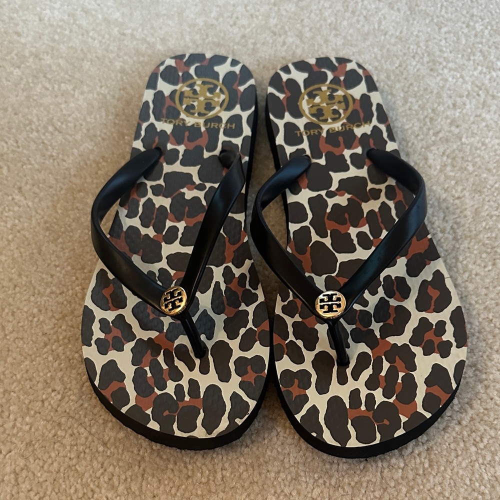Tory Burch Animal Print Flip Flops with Black Straps